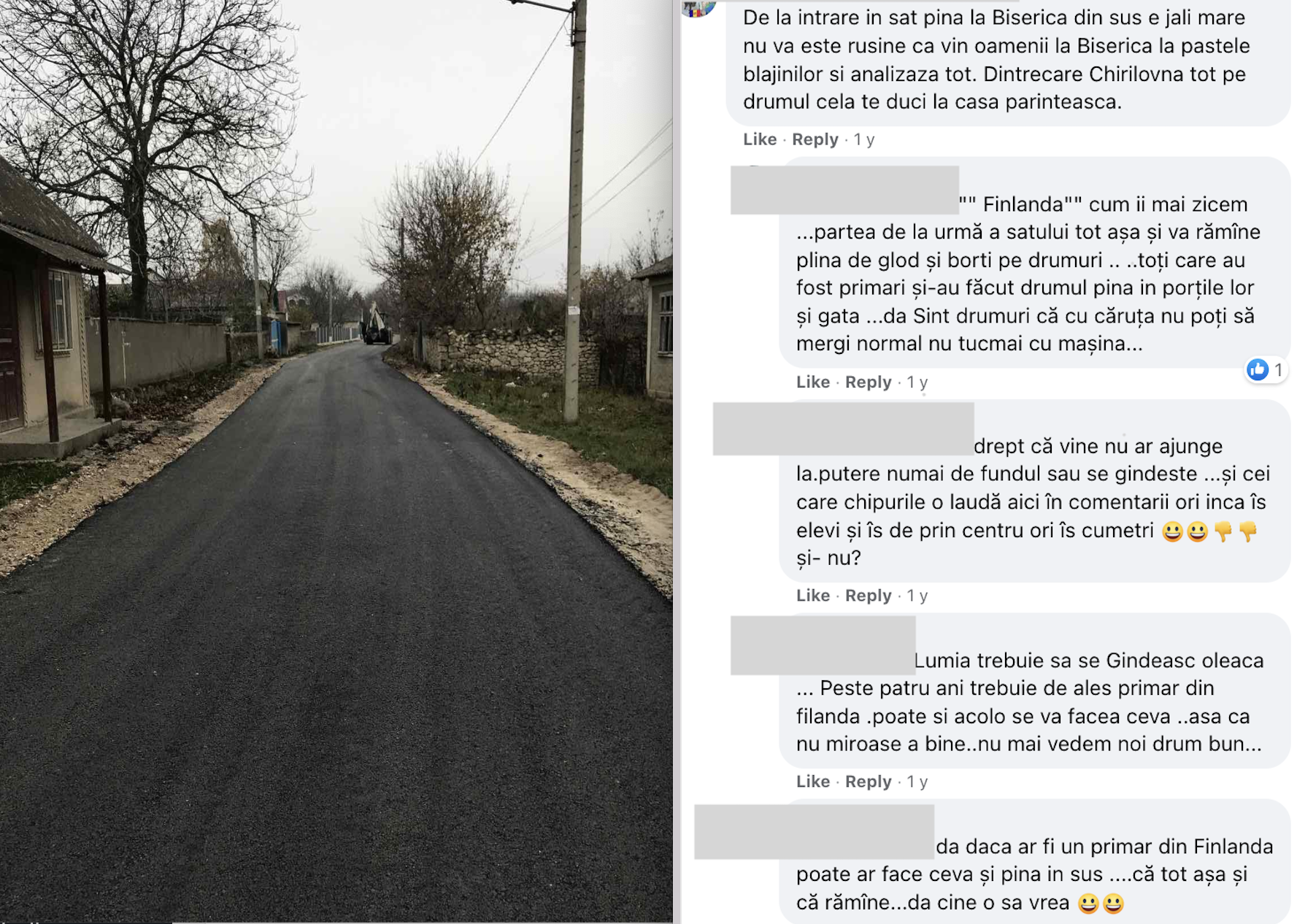 Colaj: Drumul asfaltat în proiectul „Drumuri bune” și cometarii la postarea Primăriei Olișcani despre reparație